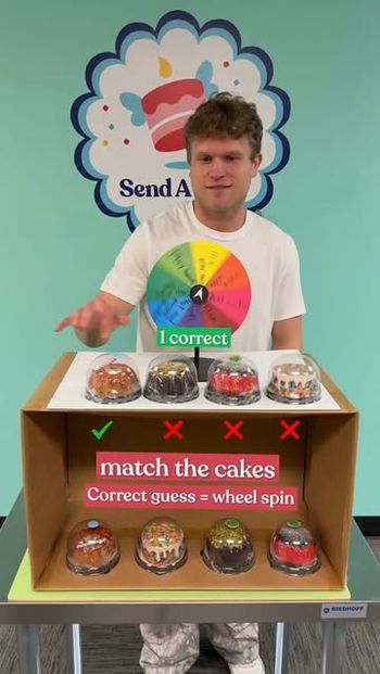 We asked people from our team to match some Send A Cake cakes, with a twist. 👀 If the person before you gets 1 correct, you have to spin the wheel! Could be good, could be bad. Let's see who wins!⁠
⁠
 